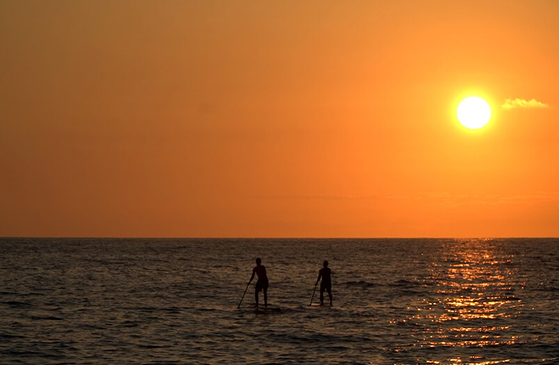 paddle boarding at sunset